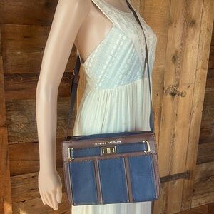 Adrienne Vittadini navy blue and brown Crossbody, gold bag, purse phone